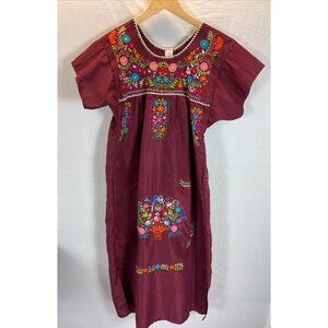 Mexican Patio Dress Embroidered Peasant Maroon Size S summer‎ midi